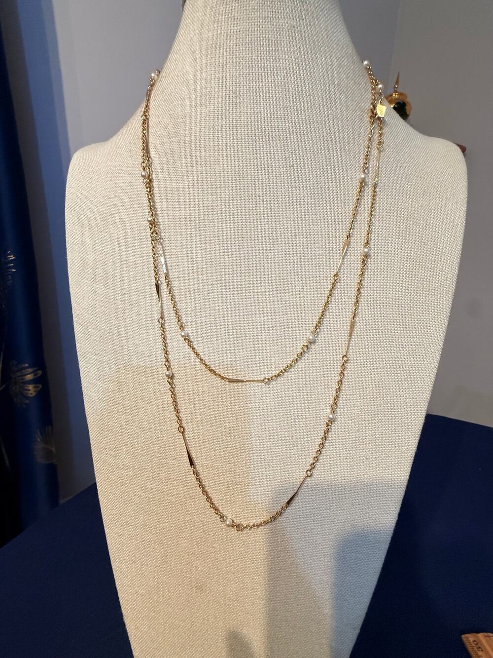 Vintage Sarah Coventry 54” Gold Tone Faux Pearl Station Necklace